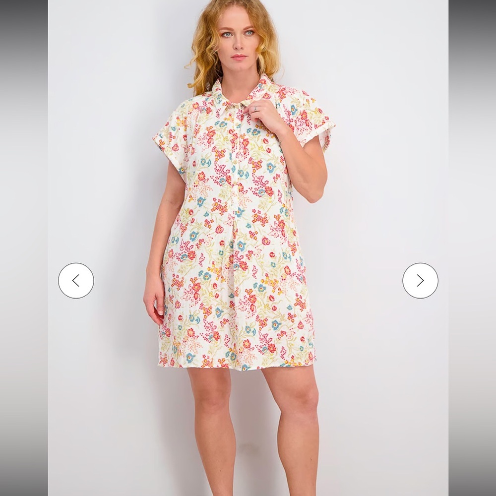 FAHERTY Hana Floral Print 100% Cotton Collared Shirt Tunic Dress Sz XSmall‎